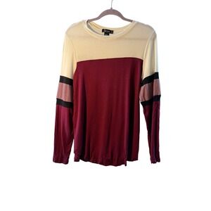Miss CHIEVOUS Color Block Long Sleeve T Shirt Women Large Cream Burgundy Striped